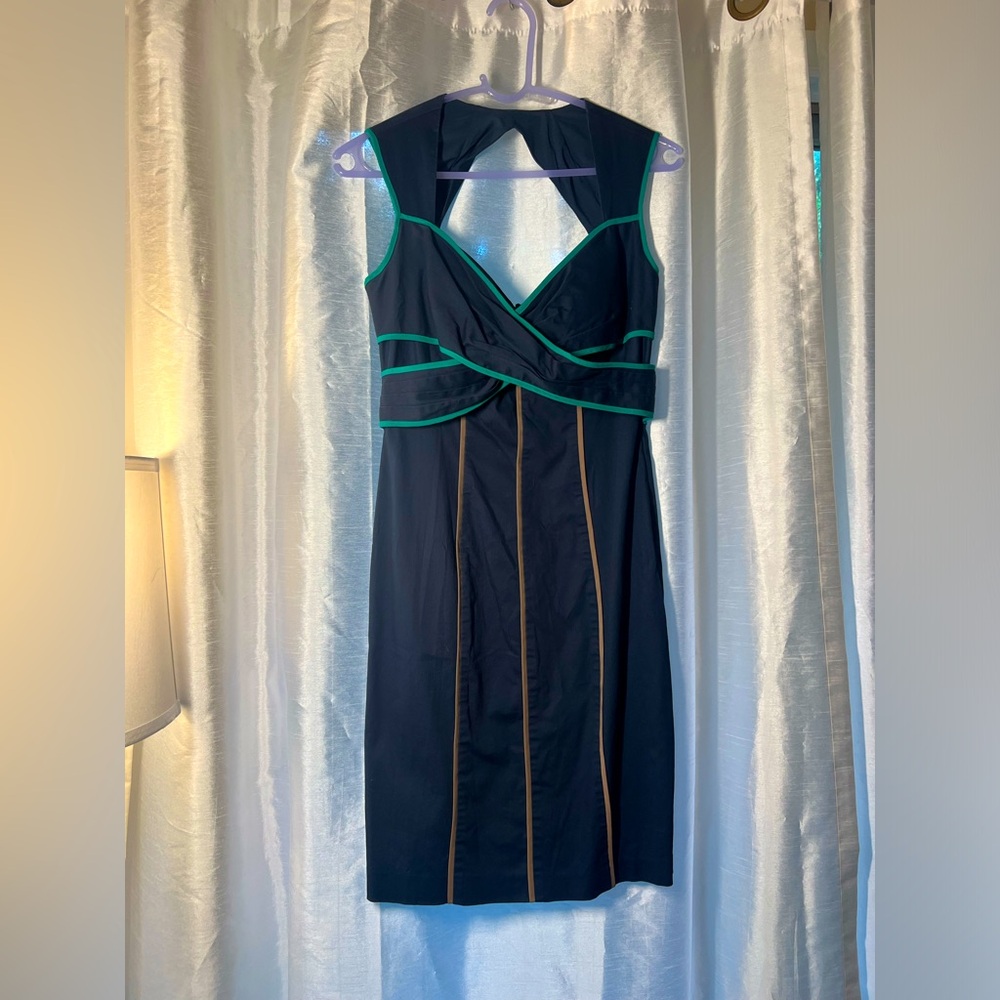 Navy open back fitted dress with aqua and tan trim; Jessica Simpson size 6